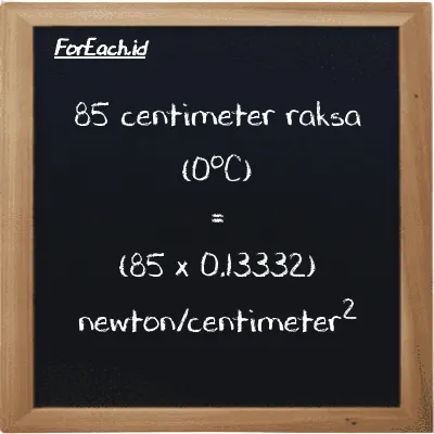 Cara konversi centimeter raksa (0<sup>o</sup>C) ke newton/centimeter<sup>2</sup> (cmHg ke N/cm<sup>2</sup>): 85 centimeter raksa (0<sup>o</sup>C) (cmHg) setara dengan 85 dikalikan dengan 0.13332 newton/centimeter<sup>2</sup> (N/cm<sup>2</sup>)